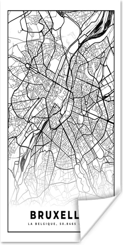 Poster Stadskaart – Zwart Wit - Kaart – Bruxelles – België – Plattegrond - 80x160 cm