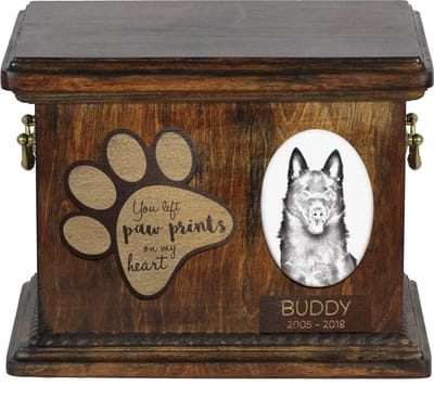 Persoonlijke urn voor Schipperke met foto en as van je hond