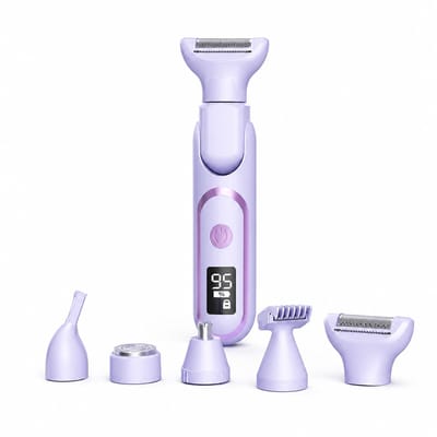 5-in-1 Elektrische Lady Shaver en Trimmer - IPX7 Waterdicht - Pijnloos Scheerapparaat voor Gezicht, Lichaam, Oksels en Bikinilijn - Draadloos met LED Display - paars