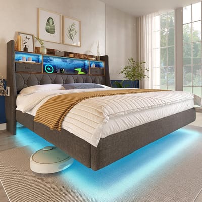 Pugsdrly Gestoffeerd bed 140x200 cm Hangend bed met ledverlichting, hoofdeinde en oplaadstation (1 Type-C, 3 USB-poorten), modern tweepersoonsbed met hoofdeinde met opbergruimte en lattenbodem, linnen, grijs (zonder matras)