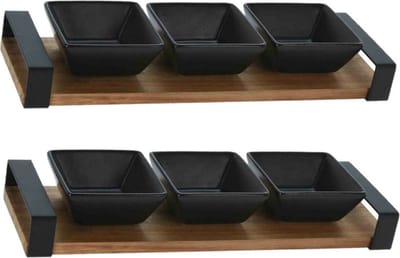 Excellent Houseware Serveerplank met 3 hapjes/saus/tapas schaaltjes - 2x - hout - 32 x 10 cm
