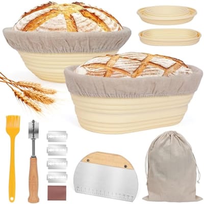Opvouwbare rijsmand - Broodmand set - Zelf brood bakken - Inclusief bakgerei - Ovaal & rond - Geel