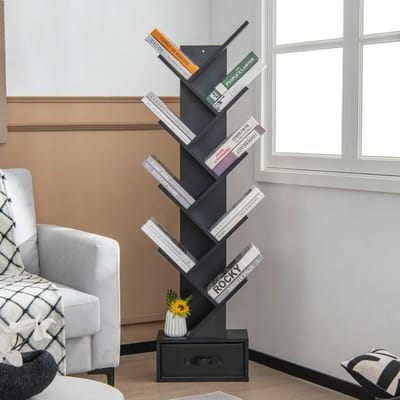 COSTWAY Boekenkast met lade, 8 verdiepingen, staand rek, boomvorm, cd- en dvd-plank, voor slaapkamer, woonkamer en thuiskantoor, 38 x 21,5 x 149,5 cm