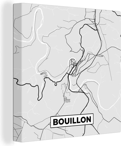 Canvas Schilderij Zwart Wit – België – Plattegrond – Stadskaart – Kaart – Bouillon - 20x20 cm - Wanddecoratie