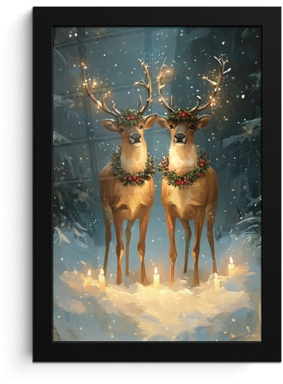 Poster in lijst - Fotolijst 20x30 cm - Posters - Dennensprookje - Rendier - Nacht - Posterlijst zwart - Decoratie - Wanddecoratie woonkamer - Muurdecoratie slaapkamer