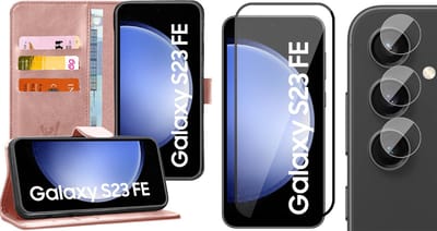Hoesje geschikt voor Samsung Galaxy S23 FE - Screenprotector Volledig Dekkend Glas & Camera - Portemonnee Book Case Rosegoud