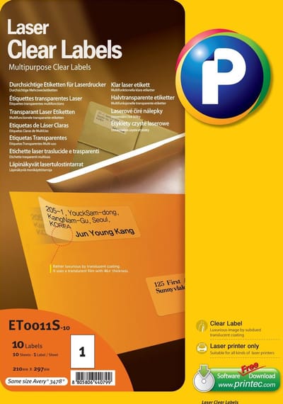 Printec semi transparante etiketten - Laser printer - 210x297mm - 1 label per A4 - 10 doorzichtige stickers