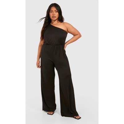 boohoo Dames Plus Super Zachte Basic One Shoulder Strand Jumpsuit | Black | Maat: 26