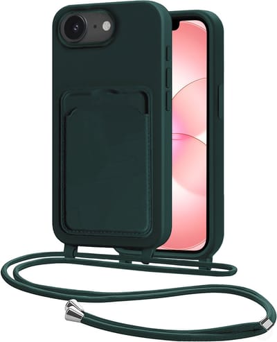 Hoes Geschikt voor iPhone 17e Met Telefoonkoord - Siliconen Hoesje Backcover Met Ketting - Donkergroen