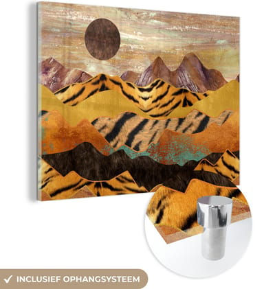 MuchoWow® Glasschilderij 40x30 cm - Schilderij acrylglas - Tijgerprint - Marmer - Goud - Foto op glas - Schilderijen