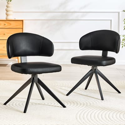 Eetkamerstoelen Set van 2 - Gebogen Rugleuning - PU Leren Zitting - Gestoffeerde Stoel - Draaibare Stoel - Metalen 4-Poots Frame - Keukenstoel - Woonkamerstoel - Bureaustoel - oor Woonkamer Keuken Kantoor - Zwart
