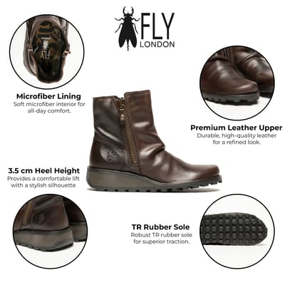 Fly London Dames Bruin MON944 Leren Wedgesleekte Enkellaarsjes Met Ritssluiting Chelsea Laarzen