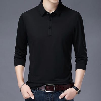 Heren T-shirt Lange Mouw Slim-Fit Koreaans Stijl Jonge en Middelbare Leeftijd Herenkleding Herfst T-shirt Dunne Revers Effen Kleur Lange Mouw T-shirt Heren XXXXL black