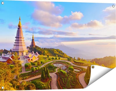 Gards Tuinposter Pagode Tempels in de Inthanon Berg in Thailand - 90x60 cm - Tuindoek - Tuindecoratie - Wanddecoratie buiten - Tuinschilderij