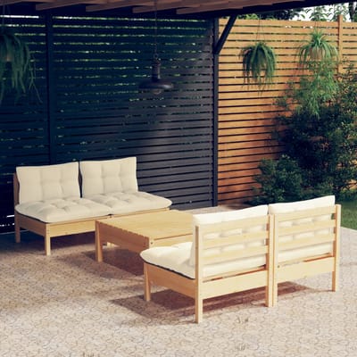 vidaXL - 5-delige - Loungeset - met - crèmekleurige - kussens - grenenhout