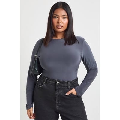 boohoo Dames Plus Dubbele Laag Slinky Lange Mouw Bodysuit | Slate Grey | Maat: 18