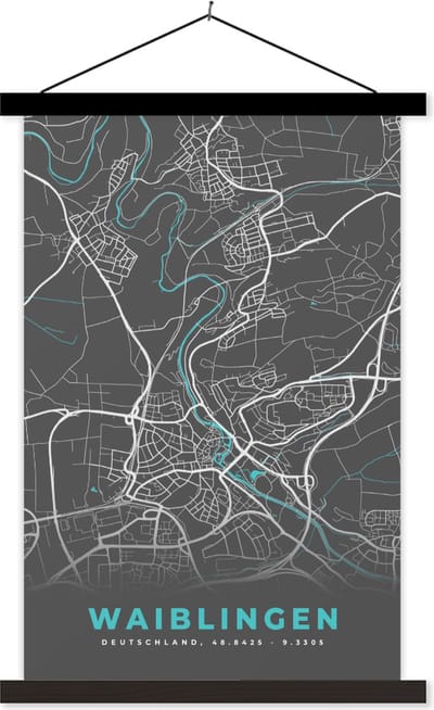Posterhanger incl. Poster 60x90 cm - Schoolplaat - Duitsland – Blauw – Waiblingen – Stadskaart – Kaart – Plattegrond - Textielposter - Zwarte latten - Stadskaart
