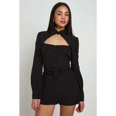 boohoo Dames Playsuit Met Gesneden Kraagdetail En Gestructureerde Pasvorm | Zwart | Maat: 34
