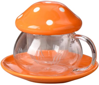 Dailygoody - Paddestoelmok - Glazen Theekop - Schattige Melkmok - Oranje - Inclusief Keramische Deksel - Perfect voor Thuis en Kantoor