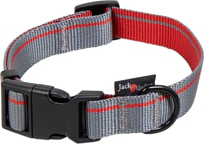Jack and Vanilla Halsband voor honden - Maat L - Verstelbaar 31 / 47 cm - Hondenhalsband met kliksluiting - Klikhalsband - Nylon - Stripe - Grijs rood