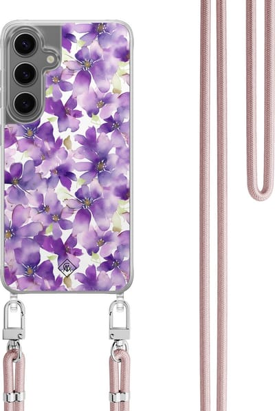 Casimoda® hoesje met koord - Geschikt voor Samsung S24 - Floral Violet - Afneembaar koord - TPU/polycarbonaat - Paars
