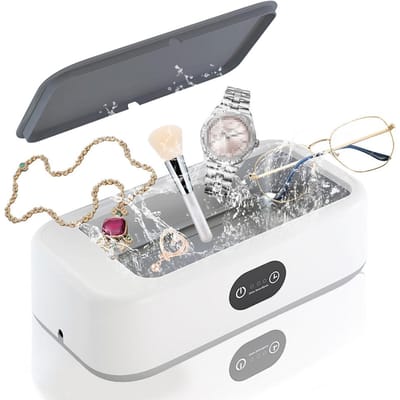 Nettoyeur de bijoux à ondes soniques 49 kHz Machine de nettoyage professionnelle avec commande à un bouton Minuterie à 3 niveaux US Plug blanc