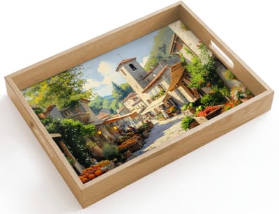 Dienblad hout 40x30 cm - Schootdienblad - Dorp - Zon - Kraampjes - Huizen - Borrelplank rechthoek - Plateau dienbladen
