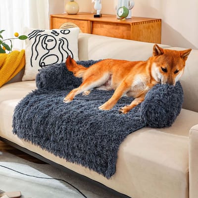 KZQ Luxe Hondendeken Hondenkussen Bankbeschermer voor Bank Bed en Auto, Verwijderbare Fluffy Plush Hoes met Memory Foam, Wasbaar in de Wasmachine, Waterdicht en Comfortabel, Kalmerend Huisdier Mat (90x90x20cm) Donkergrijs