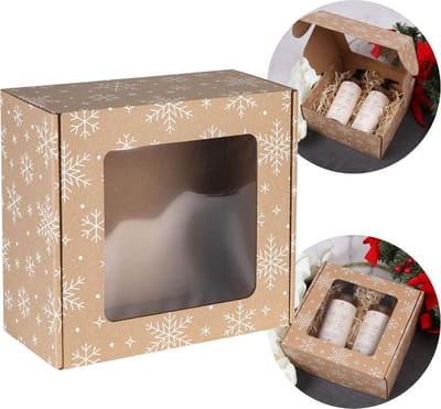 Vierkante geschenkdoos met venster, geschenkdoos met witte sneeuwvlokprint 20x20x10 cm