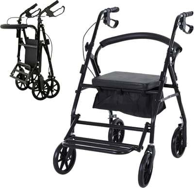 HOMCOM 4-wielige rollator - Lichtgewicht opvouwbare rollator - Gevoerde zitting en rugleuning - Ergonomische handgrepen, handremmen - Opbergmand - Voetsteun - Zwart metaal