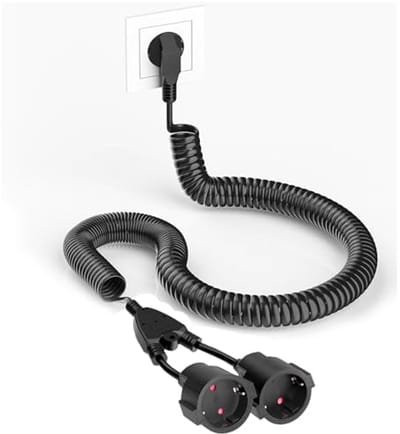 Geaarde spiraalverlengkabel 2m - 230V/16A, PVC, Rekbaar van 0,6m tot 2m, IP20, Zwart