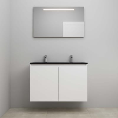 On-Line Badkamermeubelset - 100 cm - Bouwpakket - Greeploze Ladestructuur - Acryl Wastafel - 2 Kraangaten - Spiegel met LED-Verlichting - Hoogglans Wit