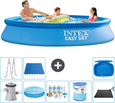 Intex Rond Opblaasbaar Easy Set Zwembad - 305 x 61 cm - Blauw - Inclusief Pomp - Solarzeil - Onderhoudspakket - Filter - Solar Mat - Ladder - Voetenbad - Vloertegels - 9-delig