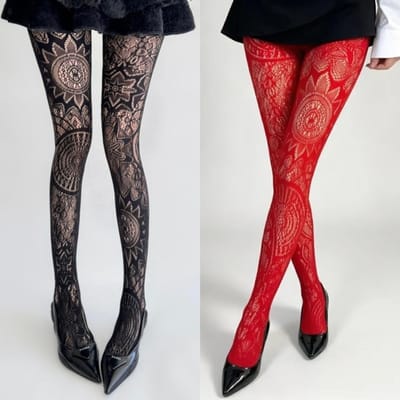 2 paar Gothic Punk Vissennet Panty's Witte Sokken Dames Zwart Totem Jacquard Kantpatroon Donkere Esthetiek Tattoo Print Gaas Panty's One Size red