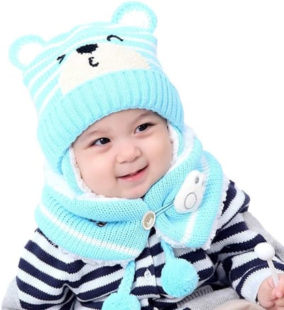 Warme wintermuts voor kinderen met oorflappen en sjaal - Gebreide babybeanie in blauw voor peuters en kleuters