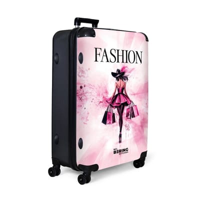 NoBoringSuitcases.com® - Koffer groot - Reiskoffer lichtgewicht - Roze splash met modefiguur en zwarte quote 'fashion' - Rolkoffer met 4 wielen - Grote trolley XL - 98 liter bagage