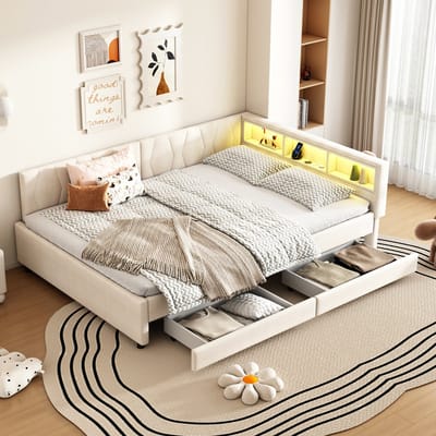 DESMIU Dagbed 140x200cm - Slaapbank Met Leesvak, Usb En Type C Oplaadfunctie, Led Sfeerverlichting, Twee Laden - Ideaal Voor Slaapkamer - Beige - Zonder Matras