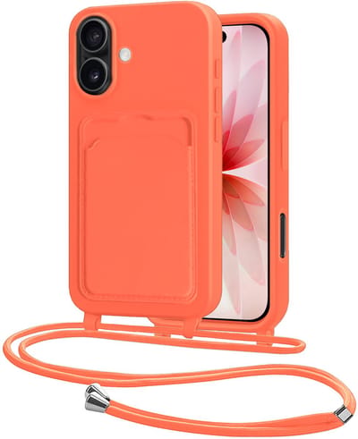 Hoes Geschikt voor iPhone 17 Hoesje Pasjeshouder Cover Met Koord Case Siliconen Hoes Met Telefoonkoord en Kaarthouder - Papaya