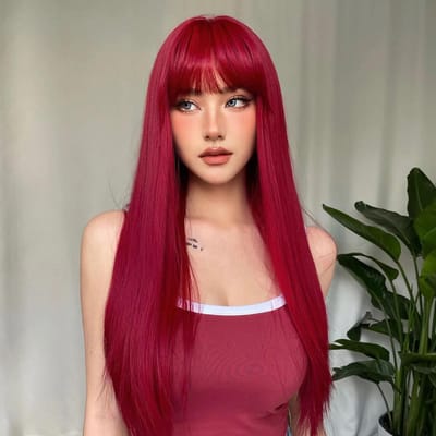 Synthetische Rechte Pruiken met Pony Lang Zijdezacht Hittebestendig Vezelhaar Volledig Machine Gemaakte Pruik Cosplay Feestpruik Voor Modieuze Vrouwen