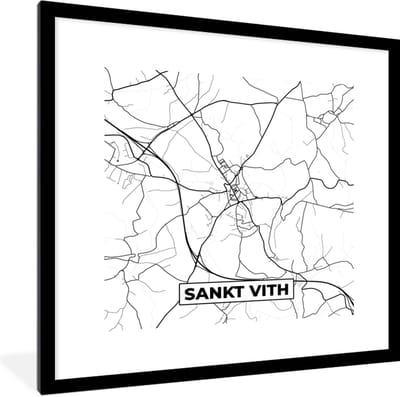 Fotolijst incl. Poster Zwart Wit- Plattegrond – Sankt Vith – Zwart Wit – Stadskaart - Kaart - België - 40x40 cm - Posterlijst