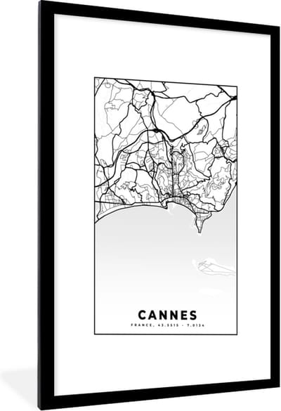 Fotolijst incl. Poster Zwart Wit- Kaart - Plattegrond - Cannes - Frankrijk - Stadskaart - Zwart wit - 60x90 cm - Posterlijst