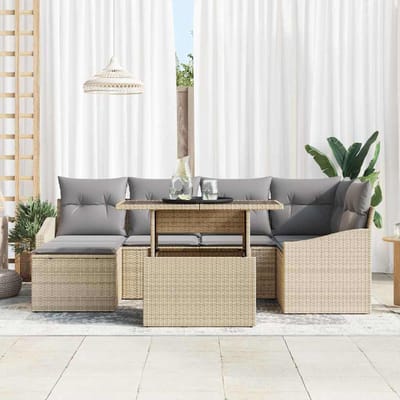 vidaXL - Tuinbank - Set - 7 - st - Beige - en - Lichtgrijs - poly - rattan