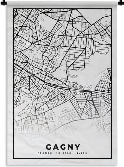 Wandkleed - Wanddoek - Gagny - Stadskaart – Plattegrond – Kaart – Frankrijk - Zwart wit - 120x180 cm - Wandtapijt