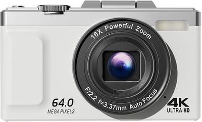 Digitale camera 4K - 64MP 16x autofocus digitale zoom digitale camera, 2,8 inch 270° opvouwbaar LCD-scherm HD compacte vlogcamera met batterijen, 32GB geheugenkaart, geschikt voor beginners, volwassenen - Wit