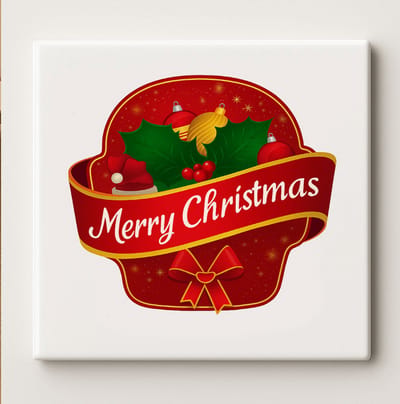 Vrolijk Kerstmis Decoratieve Tegel 15x15 cm – Klassieke Rode Kerst Badge met Hulst & Strik – Elegante Kerst Wanddecoratie