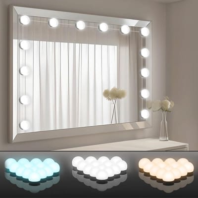 GELLDG 14 Stuks Spiegelverlichting - Hollywood Stijl Make-up Lampen - 3 Kleurtemperaturen en 10 Helderheidsniveaus - Zelfklevend - Geschikt voor Badkamer en Kaptafel - ABS Materiaal - Ø4.5cm 12W 5V