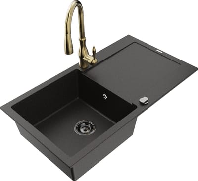 Mexen Leo granieten spoelbak met 1 bak en afdruiprek en keukenmengkraan Savita, zwart/gouden metallic - 6501-75-672601-50-B