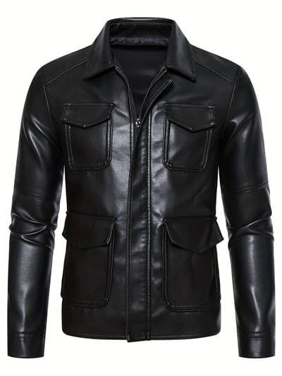 Veste Biker PU à Poches à Rabat, Veste Casual Homme Couleur Unie Fermeture Éclair Revers Similicuir Pour Printemps Automne XXXXL noir