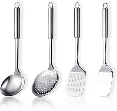 SnelShoppen - RVS Keukengerei Set 4-delig - Spatel Set, Soeplepel, Keuken Gadgets Essentials - Hoogwaardige Roestvrij Staal Keuken Tools voor Koken en