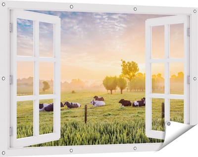Gards Tuinposter Doorkijk Koeien in de Wei tijdens Zonsopgang - 120x80 cm - Tuindoek - Tuindecoratie - Wanddecoratie buiten - Tuinschilderij